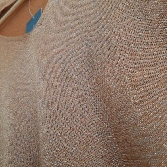 SUZY SHIER / NEW Sparkly Lurex V-neck Fine Knit Sweater Golden Warm Tan Sz L - Picture 5 of 7